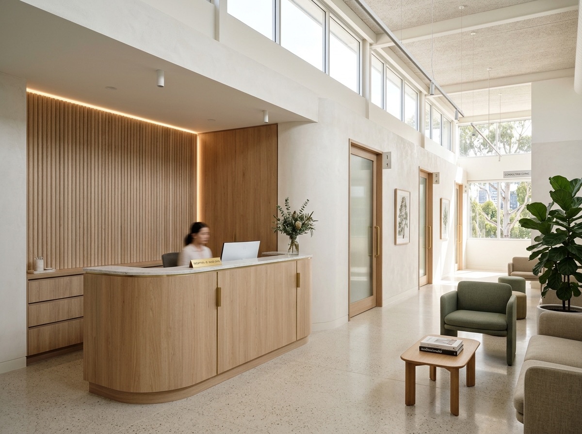 Calm, light-filled medical clinic reception with timber joinery
